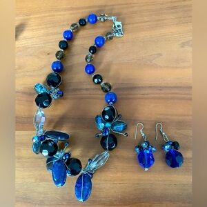 Early 2000 statement piece stone, glass and wire necklace & earrings. Blue/black